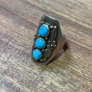 Carol Felley 1988 Sterling Silver 925 Triple Turquoise Feather Ring Sz 9